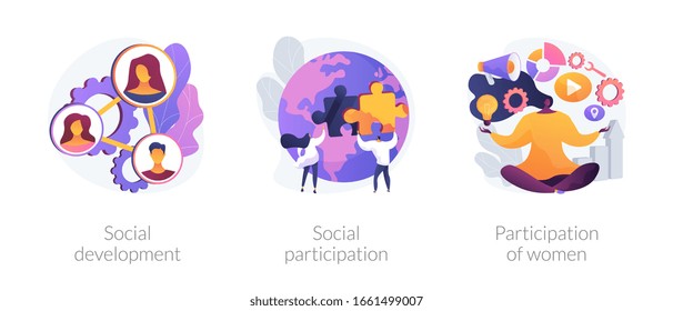 Social engagement metaphors. Participation in society, community involvement, social group. Participation of women. Norms of behaviour abstract concept vector illustration set.