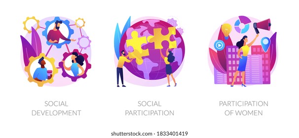 Social Engagement Metaphors. Participation In Society, Community Involvement, Social Group. Participation Of Women. Norms Of Behaviour Abstract Concept Vector Illustration Set.