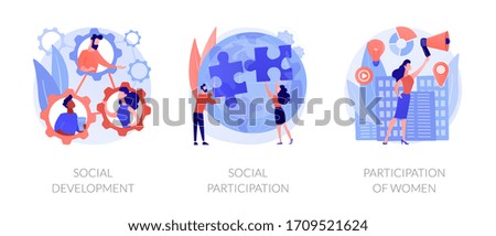 Social engagement metaphors. Participation in society, community involvement, social group. Participation of women. Norms of behaviour abstract concept vector illustration set.