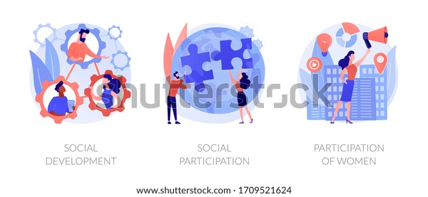 Social engagement metaphors. Participation in\
society, community involvement, social group. Participation of\
women. Norms of behaviour abstract concept vector illustration\
set.