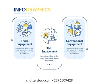 Social engagement method rectangle infographic template. Involvement. Data visualization with 3 steps. Editable timeline info chart. Workflow layout with line icons. Lato Bold, Regular fonts used