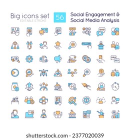 Social engagement RGB color icons set. Users involvement. Social media analysis. Isolated vector illustrations. Simple filled line drawings collection. Editable stroke. Quicksand-Light font used