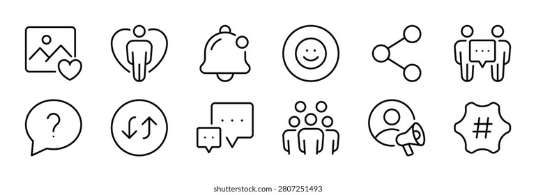 Social Engagement thin line icon set. Communication, Media, Community, Audience Interaction. Black outline vector icons collection.