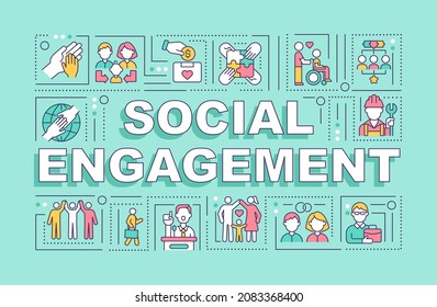 Social engagement word concepts banner. Participation in community. Infographics with linear icons on blue background. Isolated creative typography. Vector outline color illustration with text