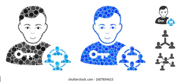 Social engineer mosaic of circle elements in various sizes and shades, based on social engineer icon. Vector circle elements are organized into blue mosaic.