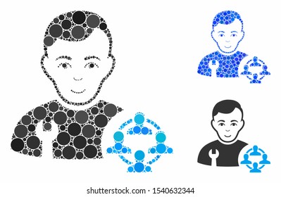 Social engineer mosaic of small circles in variable sizes and color tinges, based on social engineer icon. Vector small circles are grouped into blue collage.