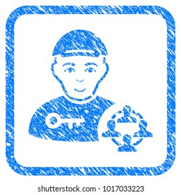 Social Engineer rubber seal watermark. Icon vector symbol with unclean design and dust texture inside rounded square. Scratched blue sticker. Boy face has gladness mood.
