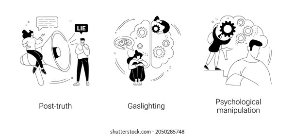 Social engineering abstract concept vector illustration set. Post-truth, gaslighting and psychological manipulation, fake news, cyber propaganda, mental abuse, cognitive dissonance abstract metaphor.