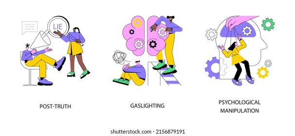 Social engineering abstract concept vector illustration set. Post-truth, gaslighting and psychological manipulation, fake news, cyber propaganda, mental abuse, cognitive dissonance abstract metaphor.