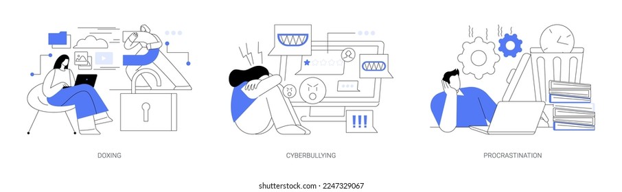 Social engineering abstract concept vector illustration set. Doxing and cyberbullying, procrastination, online bullying, negative comments, internet harassment, professional burnout abstract metaphor.