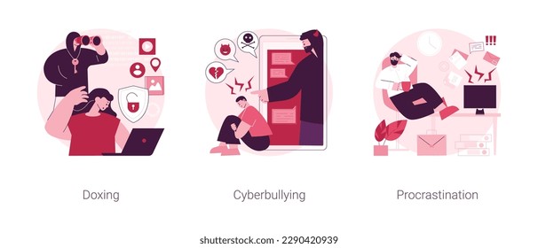 Social engineering abstract concept vector illustration set. Doxing and cyberbullying, procrastination, online bullying, negative comments, internet harassment, professional burnout abstract metaphor.