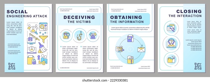 Social engineering attack blue brochure template. Hacking. Leaflet design with linear icons. Editable 4 vector layouts for presentation, annual reports. Arial, Myriad Pro-Regular fonts used