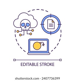 Icono de concepto de ataque de ingeniería social. Difundir el virus digital. Archivos infectados. Riesgo cibernético. Ilustración de línea delgada de idea abstracta de malware. Dibujo de contorno aislado. Trazo editable. Tipo de letra arial utilizado