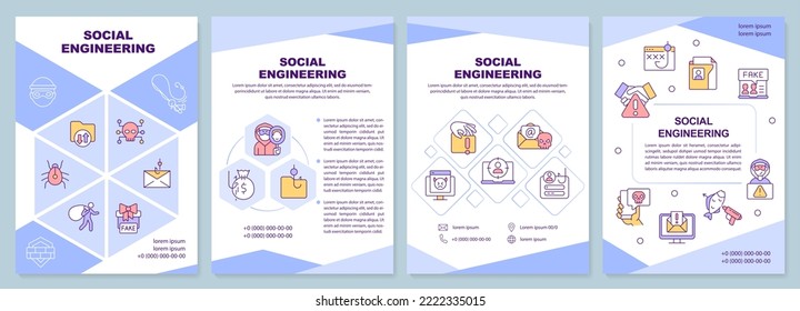 Social engineering blue brochure template. Security hacker. Leaflet design with linear icons. Editable 4 vector layouts for presentation, annual reports. Arial-Black, Myriad Pro-Regular fonts used