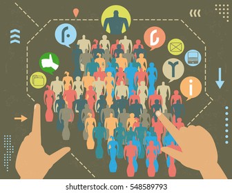 Social engineering concept in virtual media with hands and crowd, bubble icons, infographics elements and grunge texture.