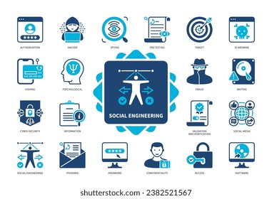 Symbol-Set für Social Engineering. Phishing, Passwort, Baiting, Spionage, Sorgfalt, Zugriff, Vortexting, Cybersicherheit. Duotone-Farbsymbole