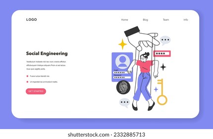 Social engineering web banner or landing page. Psychological manipulation technique exploiting human error to gain private information, access, or valuables. Flat vector illustration