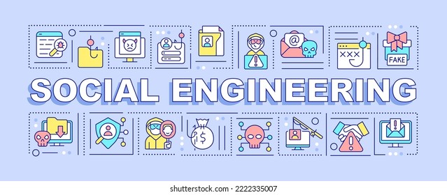 Social engineering word concepts blue banner. Cybercrime attacks. Infographics with editable icons on color background. Isolated typography. Vector illustration with text. Arial-Black font used