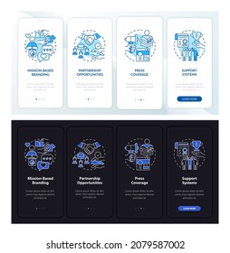 Social enterprise perks dark, light onboarding mobile app page screen. Walkthrough 4 steps graphic instructions with concepts. UI, UX, GUI vector template with linear night and day mode illustrations