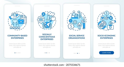 Social entrepreneur focus blue onboarding mobile app page screen. Social business walkthrough 4 steps graphic instructions with concepts. UI, UX, GUI vector template with linear color illustrations