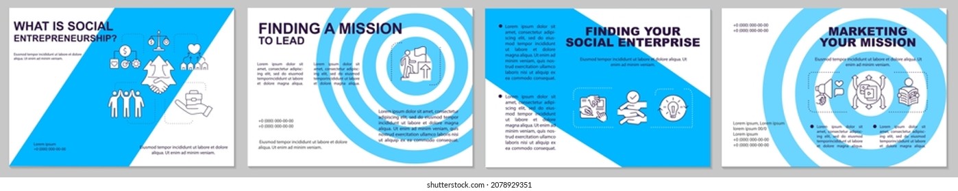 Social entrepreneurship blue brochure template. Social mission. Flyer, booklet, leaflet print, cover design with linear icons. Vector layouts for presentation, annual reports, advertisement pages