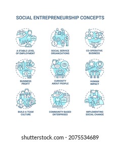 Social Entrepreneurship Blue Concept Icons Set. Social Organizations Idea Thin Line Color Illustrations. Business Development. Charity And Support. Vector Isolated Outline Drawings. Editable Stroke