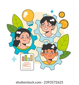 Social entrepreneurship. Business' responsibility for impact on society and environment. Financing and implementing solutions for Sustainable development. Flat vector illustration