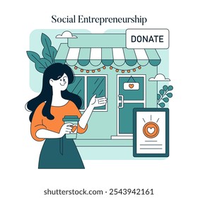 Social Entrepreneurship concept. Woman donating at a local business with a charity box, promoting community support. Small shop engagement. Vector illustration.