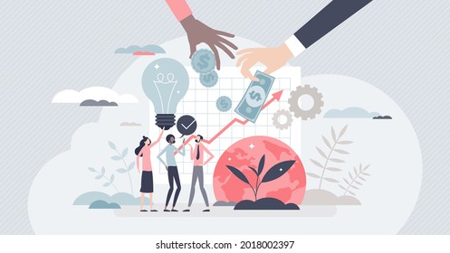 Social Entrepreneurship As Environmental Idea Funding Tiny Person Concept. Financing Business To Solve Social, Cultural, Or Ecological Issues Vector Illustration. Start Up Company Group Community.