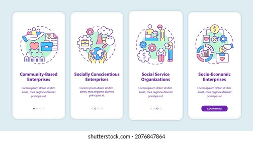 Social entrepreneurship focus onboarding mobile app page screen. Social business walkthrough 4 steps graphic instructions with concepts. UI, UX, GUI vector template with linear color illustrations