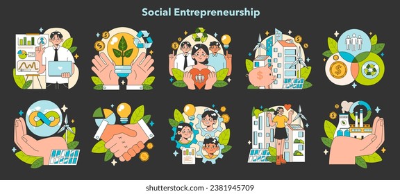 noche de emprendimiento social o modo oscuro. Responsabilidad empresarial en la sociedad y el medio ambiente. Financiación y aplicación de soluciones para el desarrollo sostenible. Ilustración vectorial plana