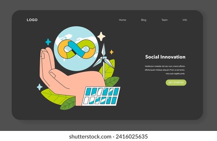 Noche de emprendimiento social o banner web en modo oscuro o página de inicio. Responsabilidad de las empresas en la sociedad y el medio ambiente. Aplicación de soluciones para el desarrollo sostenible. Ilustración vectorial plana