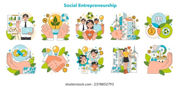 Conjunto de emprendimiento social. Responsabilidad de las empresas por el impacto en la sociedad y el medio ambiente. Financiación y aplicación de soluciones para el desarrollo sostenible. Ilustración vectorial plana