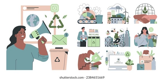 Conjunto de emprendimiento social. Responsabilidad de las empresas por el impacto en el clima y el medio ambiente. Empresa que implementa soluciones para el futuro desarrollo sostenible. Ilustración vectorial plana