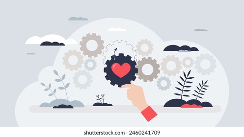 Social entrepreneurship and society impact work tiny person hands concept. Business for honest, innovative and community problem solving cause vector illustration. Effective process management.