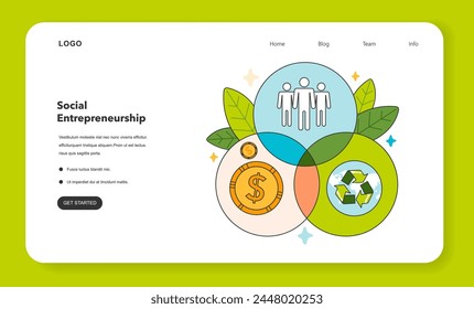 Social entrepreneurship web banner or landing page. Business responsibility on society and environment. Financing and implementing solutions for Sustainable development. Flat vector illustration