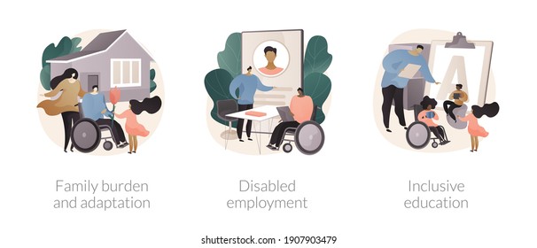 Social environment abstract concept vector illustration set. Social adaptation of disabled people, employment and inclusive education, children with special needs, disability job abstract metaphor.