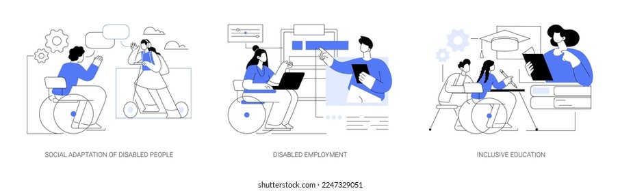 Social environment abstract concept vector illustration set. Social adaptation of disabled people, employment and inclusive education, children with special needs, disability job abstract metaphor.