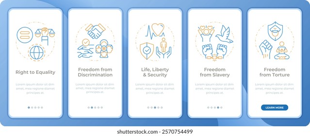 Social equality freedom app onboarding screens. Duo tone vector illustration. UI design flow. 5 steps walkthrough mobile interface slide layout