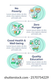 Social equality infographic vertical sequence. Good education, hunger. Economic growth. Visualization infochart with 4 steps. Circles workflow