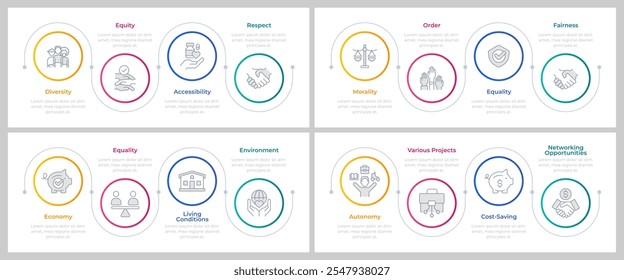 Social equality infographics circles set. Multicultural acceptance, remote work. Editable thin line icons diagrams process with steps collection
