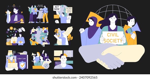 Social equity dark or night mode set. Civil society teamwork, environmental activism, and community engagement for better and equal future. Diversity and inclusion. Flat vector illustration