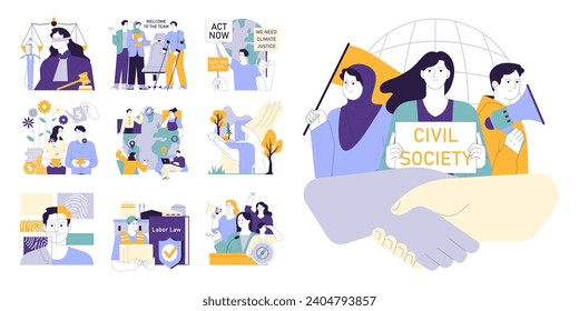 Equidad social. El trabajo en equipo de la sociedad civil, el activismo ambiental y el compromiso de la comunidad para un futuro mejor y la igualdad de oportunidades. Diversidad e inclusión. Ilustración vectorial plana