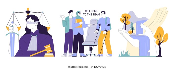 Social equity set. Civil society teamwork, environmental activism, and community engagement for better future and equal opportunities. Diversity and inclusion. Flat vector illustration
