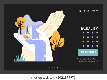 Social equity web or landing. Equal access to clean water. Environmental activism, and community engagement for better future. Hands with a waterfall. Nature protection. Flat vector illustration