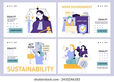 Red de equidad social o desembarco. El trabajo en equipo de la sociedad civil, el activismo ambiental y el compromiso de la comunidad para un futuro mejor y la igualdad de oportunidades. Diversidad e inclusión. Ilustración vectorial plana