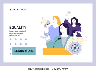 Web de equidad social o aterrizaje. Las mujeres representadas en la política. Empoderamiento de la sociedad civil, activismo femenino por un mejor futuro e igualdad de oportunidades. Diversidad e inclusión. Ilustración vectorial plana