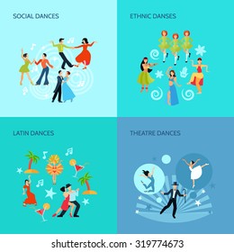 Social ethnic latin and theatre dances flat style 4 posters concept isolated vector illustration