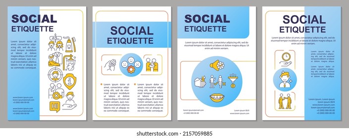 Social etiquette blue brochure template. Norms and rules. Leaflet design with linear icons. 4 vector layouts for presentation, annual reports. Arial-Black, Myriad Pro-Regular fonts used