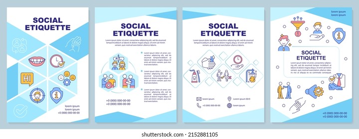 Social etiquette brochure template. Norms and rules. Leaflet design with linear icons. 4 vector layouts for presentation, annual reports. Arial-Black, Myriad Pro-Regular fonts used